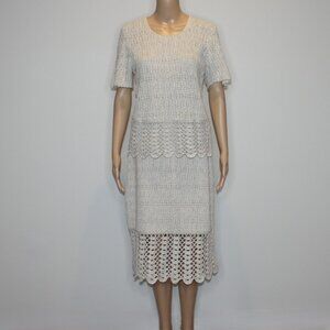 Women's Crochet Knit Skirt and Top with Scalloped Lace Hem in Beige Color size L